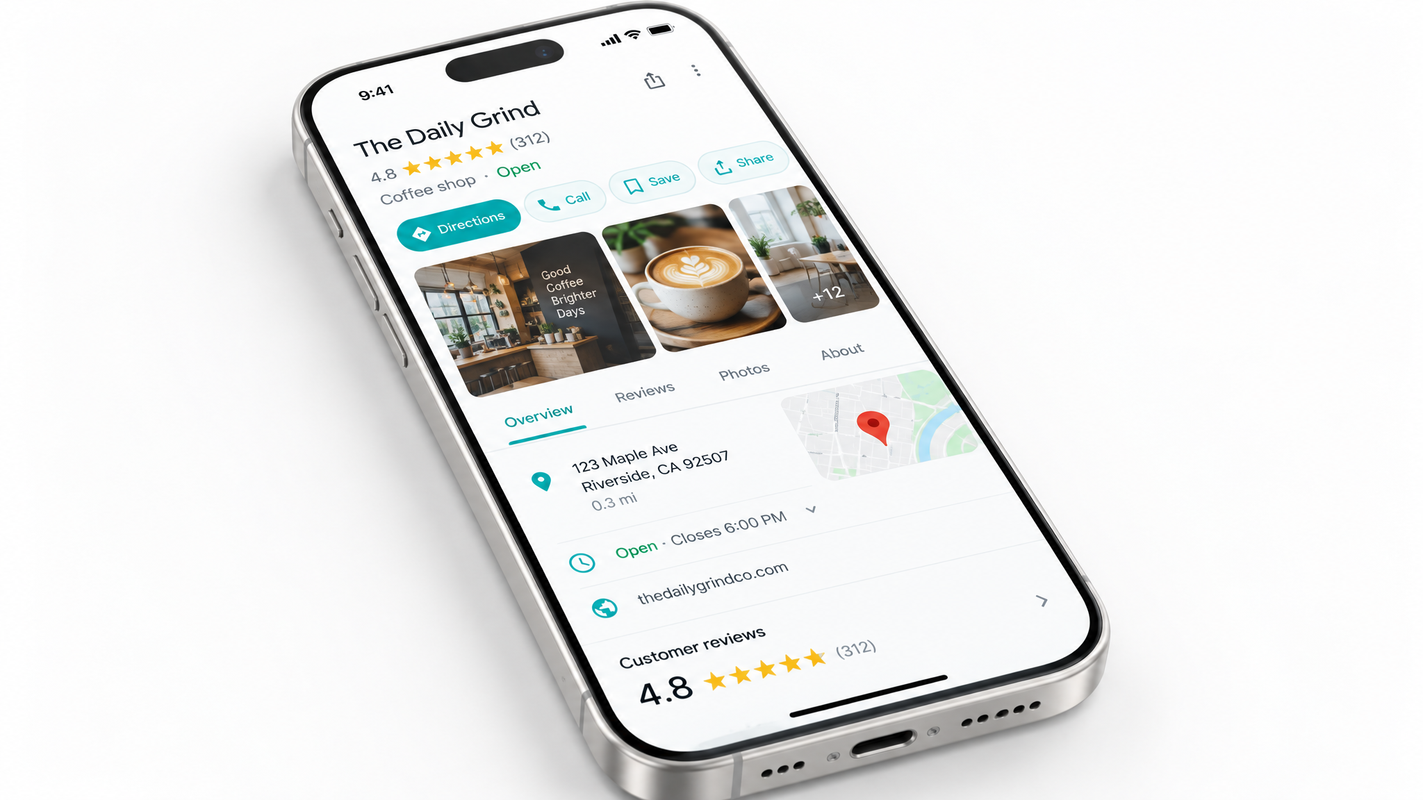 Google Unternehmensprofil mit Bewertungen und Standort auf einem Smartphone